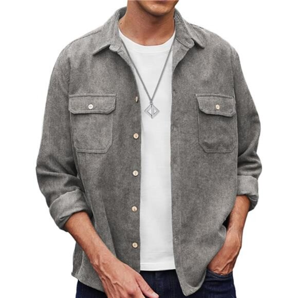 Men's Gray Corduroy Shirt Casual Button Down Polo Jacket Lightweight Shacket - Picture 1 of 5